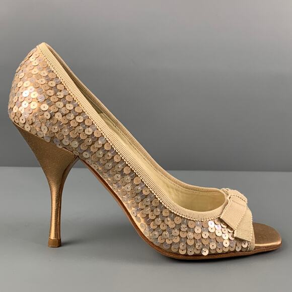 PRADA Size 6.5 Taupe Silk Sequined Peep Toe Pumps - Picture 1 of 7